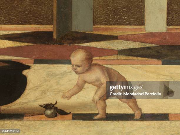 Italy, Tuscany, Florence, Uffizi Gallery. Detail. In the middle of the scene is child playing with a silver fruit.