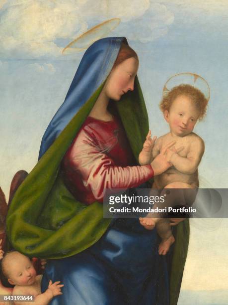 Italy, Tuscany, Florence, Uffizi Gallery. Detail. On the left the Virgin with the baby Jesus in her arms.
