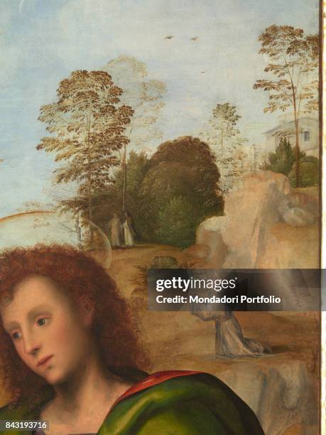 Italy, Tuscany, Florence, Uffizi Gallery. Detail. On the right, on a cliff you can see St. Francis receiving the stigmata.