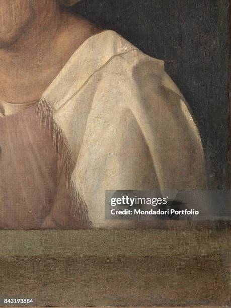 Italy, Veneto, Venice, Accademia Art Galleries. Detail. Old womans face white hat gray hair.