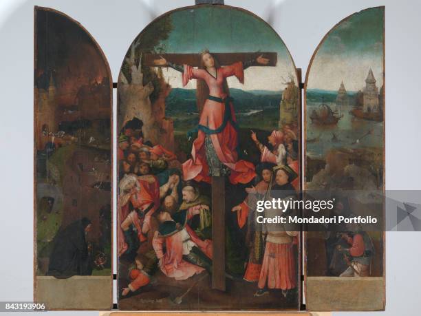 Italy, Veneto, Venice, Accademy Art Galleries. Whole artwork view. The central panel depicts the crucifixion of a saint usually identified with Saint...