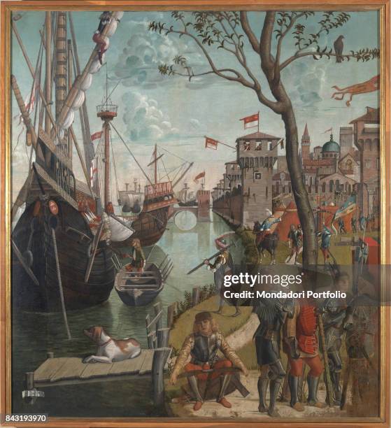 Italy, Veneto, Venice, Accademia Art Galleries. Whaole artwork view. The Arrival of the Pilgrims in Cologne scene shows Orsola who returns to his...