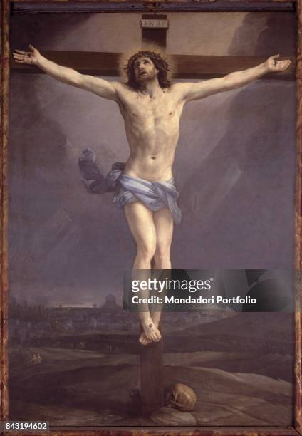 Italy, Lazio, Rome, Church of St Lawrence at Lucina. Whole artwork view. Christ crucified. A skull at the foot of the cross.