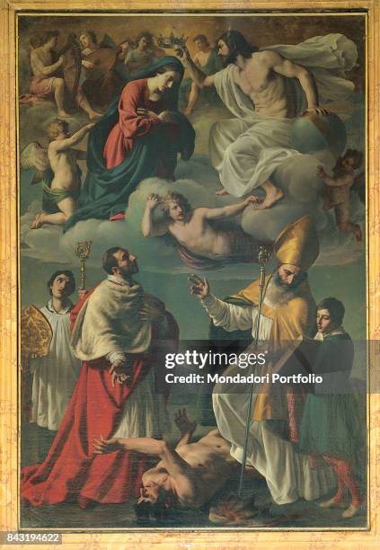 Italy, Marche, Camerino, basilica di San Venanzio. Whole artwork view. Up in the sky on a cloud Jesus Christ crowning the Virgin Mary. Below, Charles...