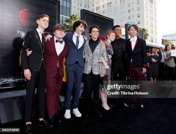 Jaeden Lieberher, Jeremy Ray Taylor, Finn Wolfhard, Jack Dylan Grazer, Sophia Lillis, Chosen Jacobs and Wyatt Oleff attend the premiere of 'It' at...