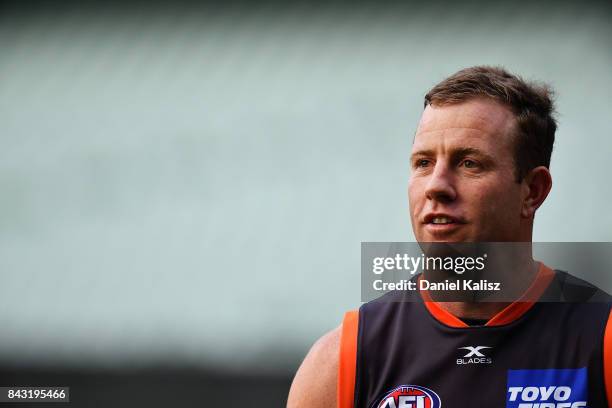 Steve Johnson of the Giants looks on during a Greater Western Sydney Giants AFL training session at Adelaide Oval on September 6, 2017 in Adelaide,...