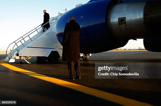 President-elect Barack Obama walks off his charter plane after landing on January 16, 2009 in Philadelphia, Pennsylvania. Obama and his family and...