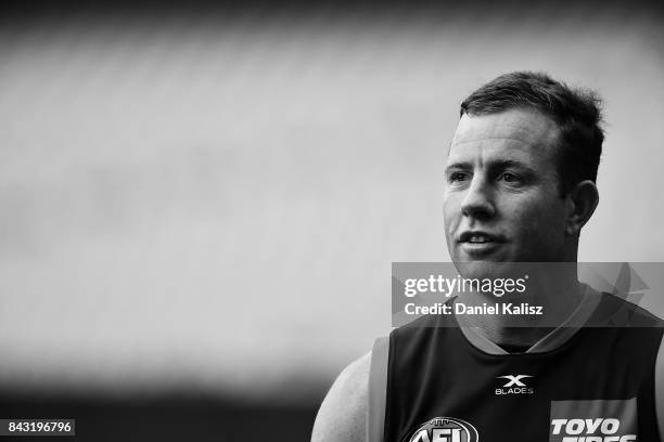 Steve Johnson of the Giants looks on during a Greater Western Sydney Giants AFL training session at Adelaide Oval on September 6, 2017 in Adelaide,...