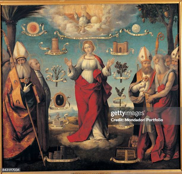 Italy, Lombardy, Milan, Brera Art Gallery. Whole artwork view. Virgin Mary in the middle surrounded by the iconographical symbols of the Immaculate...