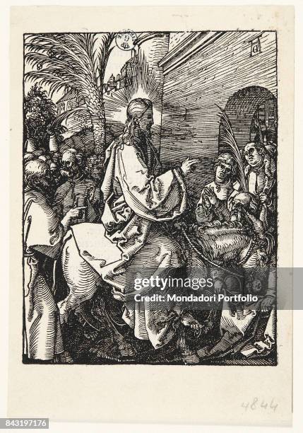 Italy, Tuscany, Florence, Gabinetto Disegni e Stampe degli Uffizi. Whole artwork view. Jesus Christ entering in Jerusalem riding a donkey and...