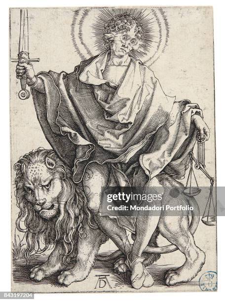 Italy, Tuscany, Florence, Gabinetto Disegni e Stampe degli Uffizi. Whole artwork view. Christ as the Sun of Righteousness holding a sword and a scale...