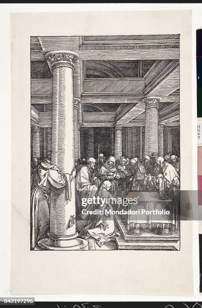 Italy, Tuscany, Florence, Gabinetto Disegni e Stampe degli Uffizi. Whole artwork view. Saint Joseph and Mary presenting Jesus Christ at the Temple.