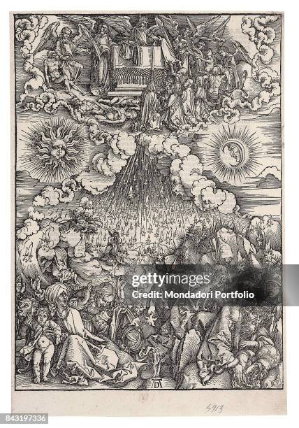 Italy, Tuscany, Florence, Gabinetto Disegni e Stampe degli Uffizi. Whole artwork view. Above, the opening the Fifth Seal: the martyrs killed in the...