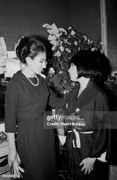 La Callas congratulates Juliette Gréco after her concert at the Olympia music hall. Paris, 1967