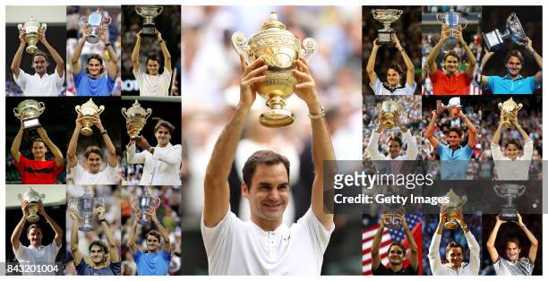 In this composite image , Roger Federer holds up the trophy for each of his nineteen men's singles grand slam titles from the first Wimbledon 2003 to...