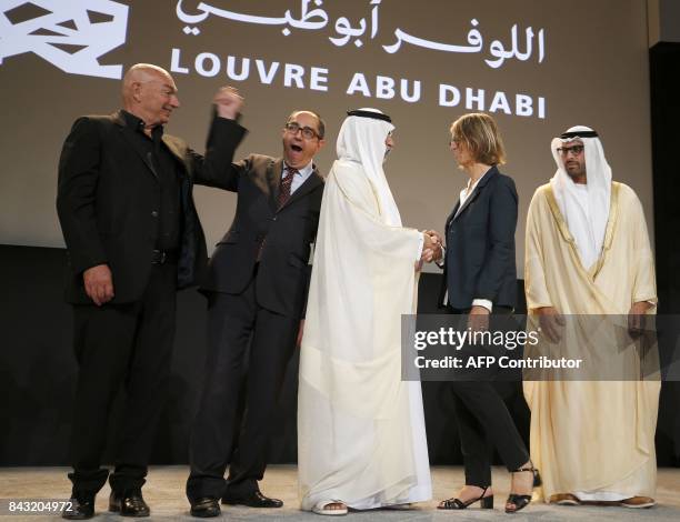 French architect Jean Nouvel who designed the Louvre Abu Dhabi, President of the Louvre Jean-Luc Martinez, UAE Minister of Culture Sheikh Nahyan...