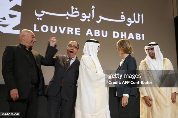 French architect Jean Nouvel who designed the Louvre Abu Dhabi, President of the Louvre Jean-Luc Martinez, UAE Minister of Culture Sheikh Nahyan...