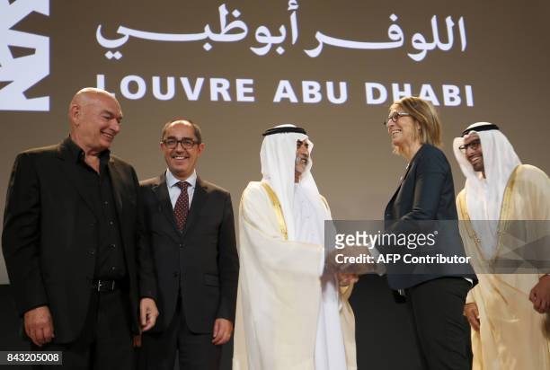 French architect Jean Nouvel who designed the Louvre Abu Dhabi, President of the Louvre Jean-Luc Martinez, UAE Minister of Culture Sheikh Nahyan...
