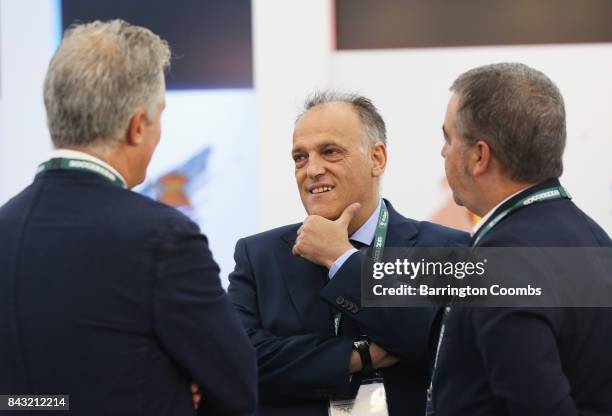 Javier Tebas , La Liga President talks in the La Liga lounge during day 3 of the Soccerex Global Convention at Manchester Central Convention Complex...
