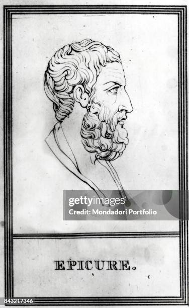 Whole artwork view. Portrait of Greek philosopher Epicurus seen from the side.