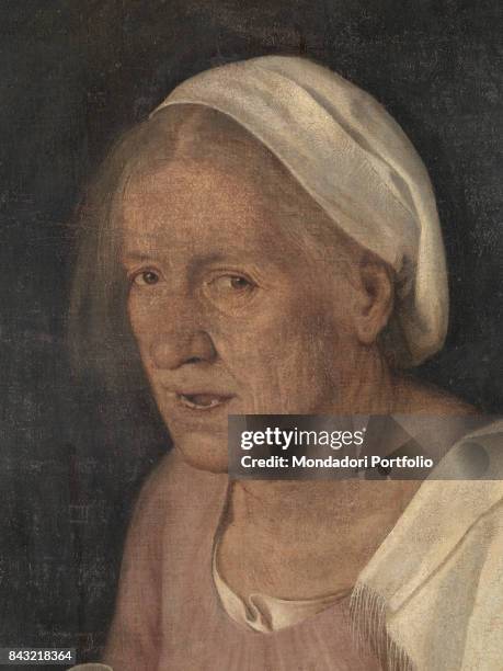 Italy, Veneto, Venice, Accademia Art Galleries. Detail. Old womans face white hat gray hair.