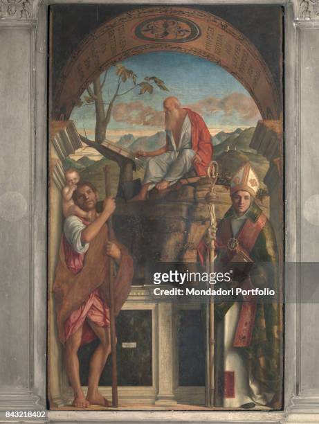 Italy, Veneto, Venice, San Giovanni Crisostomo Church. Whole artwork view. Curved altarpiece niche architecture vault gold mosaic saints St...