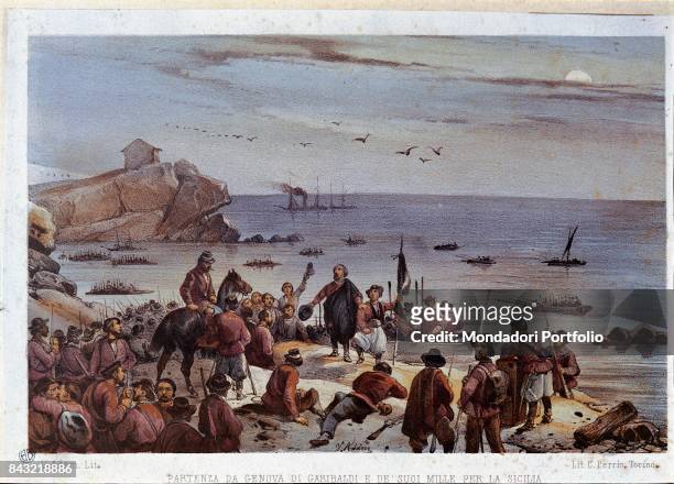Private Collection. Whole artwork view. Italian general, patriot and condottiero Giuseppe Garibaldi surrounded by the Thousand on the beach before...