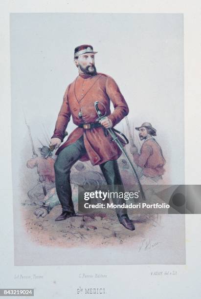 Private Collection. Whole artwork view. Italian general and politician Giacomo Medici Marchese del Vascello in his Garibaldi's army uniform.