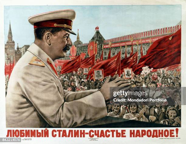 Whole artwork view. Propaganda poster with the secretary of the Soviet Communist Party Iosif Stalin being praised by a cheering crowd in front of the...