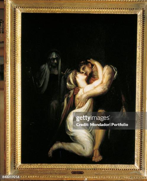 Private Collection. Whole artwork view. Penelope hugging Odysseus after she recognized him. In the background, the wet-nurse Eurycleia.