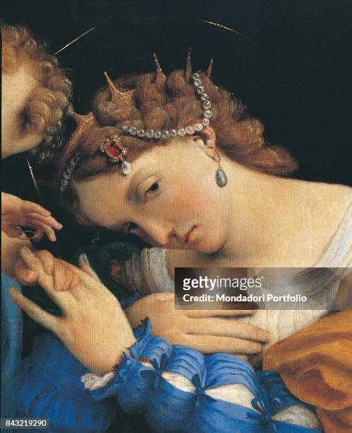 Italy, Lombardy, Bergamo, Accademia Carrara. Detail. Child Jesus putting the ring on Saint Catherine's finger. She has jewels and pearls in the hair.
