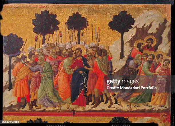 Italy, Tuscany, Siena, Museo dell'Opera del Duomo. Detail. Reverse of the Maestà . Episodes from Christ's Passion. The Taking of Christ. Judas...