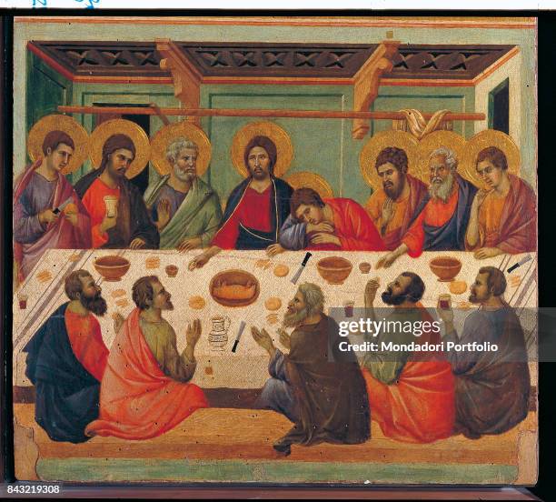 Italy, Tuscany, Siena, Museo dell'Opera del Duomo. Detail. Reverse of the Maestà . Episodes from Christ's Passion. Last Supper. Jesus and the...