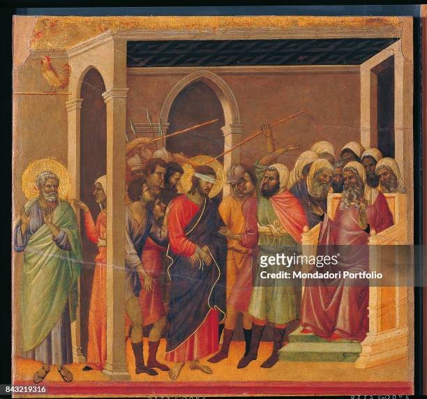 Italy, Tuscany, Siena, Museo dell'Opera del Duomo. Detail. Reverse of the Maestà . Episodes from Christ's Passion. Jesus being brought blindfolded...