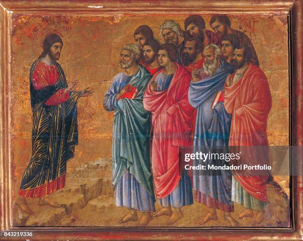 Italy, Tuscany, Siena, Museo dell'Opera del Duomo. Detail. Reverse of the Maestà . Episodes from Christ's Passion. Jesus appearing to the apostles on...