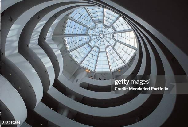 United States, New York, Solomon R. Guggenheim Museum. Detail. The spiral ramp of the museum and the glass dome above it.