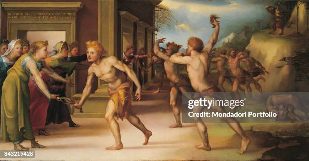 Private Collection. Whole artwork view. Young priests wearing only goatskins celebrating the Lupercalia to honour the god Faunus.