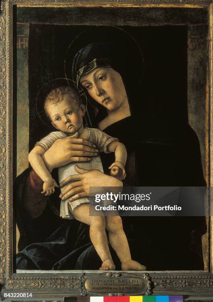 Italy, Lombardy, Milan, Pinacoteca di Brera. Whole artwork view. Mary holding the Child Jesus and hugging him.