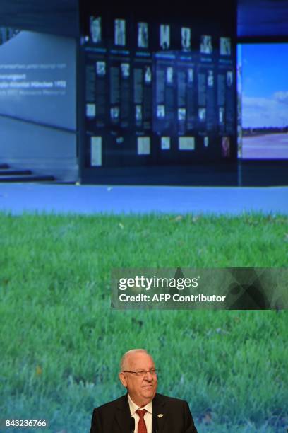 Israeli President Reuven Rivlin delivers a speech in Munich, on September 6, 2017 as he inaugurates a Memorial Center during a ceremony marking the...