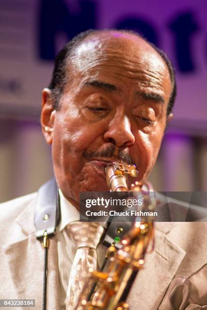 American Jazz musician Benny Golson plays saxophone as he performs onstage at the Blue Note nightclub, New York, New York, July 13, 2017.