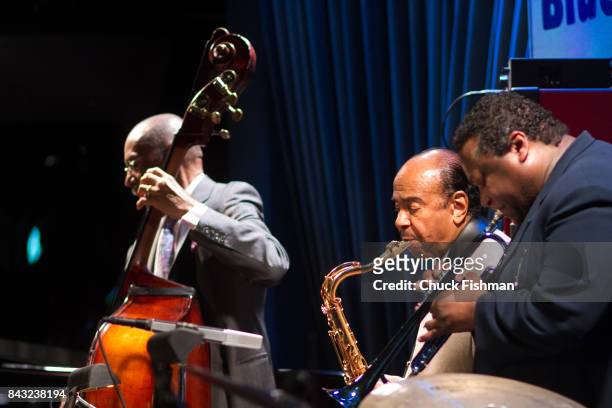 From left, American Jazz musicians Ron Carter, on upright bass, Benny Golson, on saxophone, and Wallace Roney , perform onstage at the Blue Note...