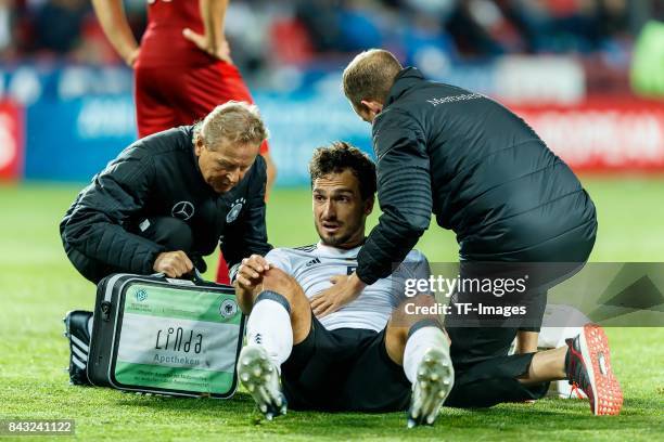 Mats Hummels of Germany on the ground during the FIFA 2018 World Cup Qualifier between Czech Republic and Germany at Eden Stadium on September 1,...