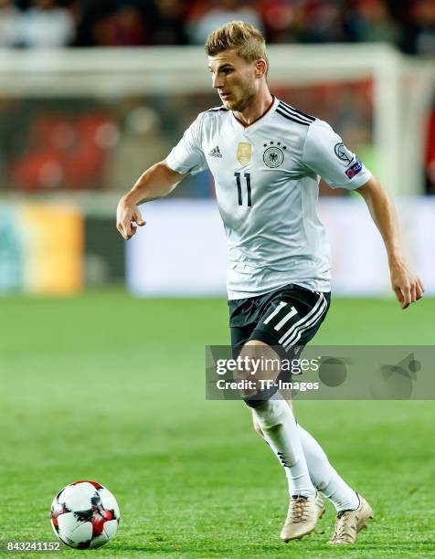 Timo Werner of Germany controls the ball during the FIFA 2018 World Cup Qualifier between Czech Republic and Germany at Eden Stadium on September 1,...