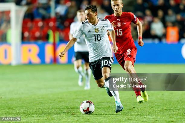 Mesut Oezil of Germany controls the ball during the FIFA 2018 World Cup Qualifier between Czech Republic and Germany at Eden Stadium on September 1,...