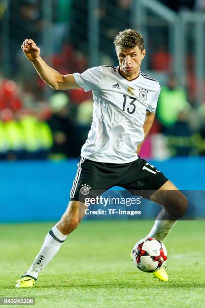 Thomas Mueller of Germany controls the ball during the FIFA 2018 World Cup Qualifier between Czech Republic and Germany at Eden Stadium on September...
