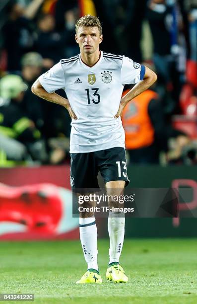 Thomas Mueller of Germany looks on during the FIFA 2018 World Cup Qualifier between Czech Republic and Germany at Eden Stadium on September 1, 2017...