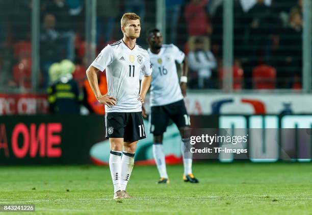 Timo Werner of Germany looks on during the FIFA 2018 World Cup Qualifier between Czech Republic and Germany at Eden Stadium on September 1, 2017 in...
