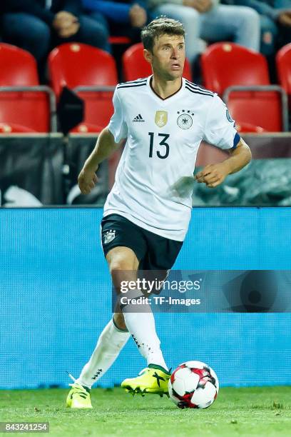 Thomas Mueller of Germany controls the ball during the FIFA 2018 World Cup Qualifier between Czech Republic and Germany at Eden Stadium on September...