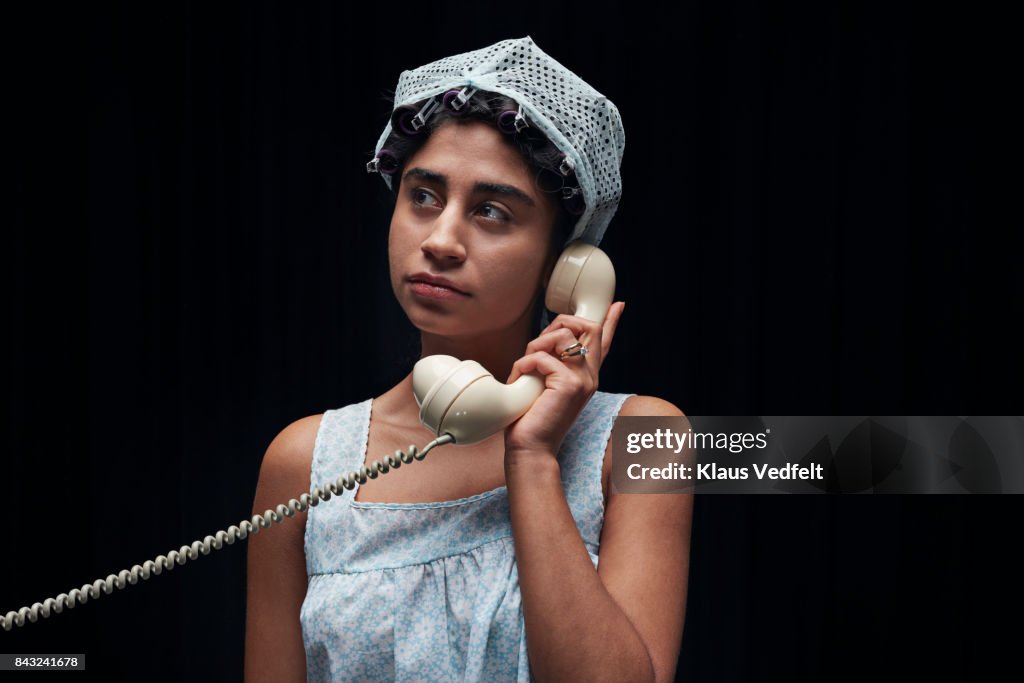 Young Woman Wearing Vintage Style Hair Net Holding Old Landline Phone  High-Res Stock Photo - Getty Images