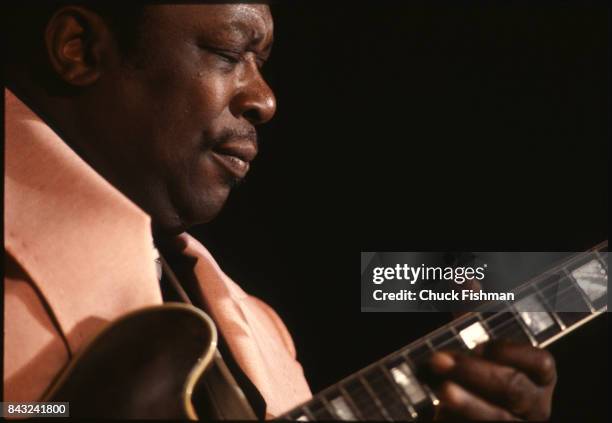 American Blues musician BB King plays guitar as he performs onstage during the New Orleans Jazz and Heritage Festival, New Orleans, Louisiana, April...